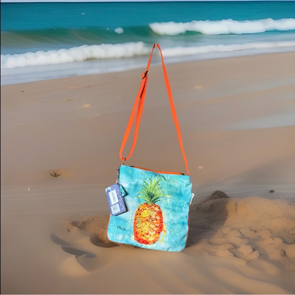 Turquoise Pineapple Crossbody Bag with Orange Strap